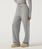 Mid Rise Wide Leg Drawstring Contrast Lace Lounge Trousers with Pockets — Fog Gray — view 3