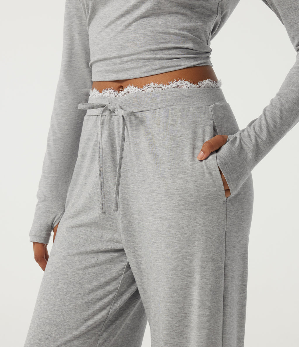 Mid Rise Wide Leg Drawstring Contrast Lace Lounge Trousers with Pockets — Fog Gray — view 5