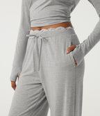 Mid Rise Wide Leg Drawstring Contrast Lace Lounge Trousers with Pockets — Fog Gray — view 5