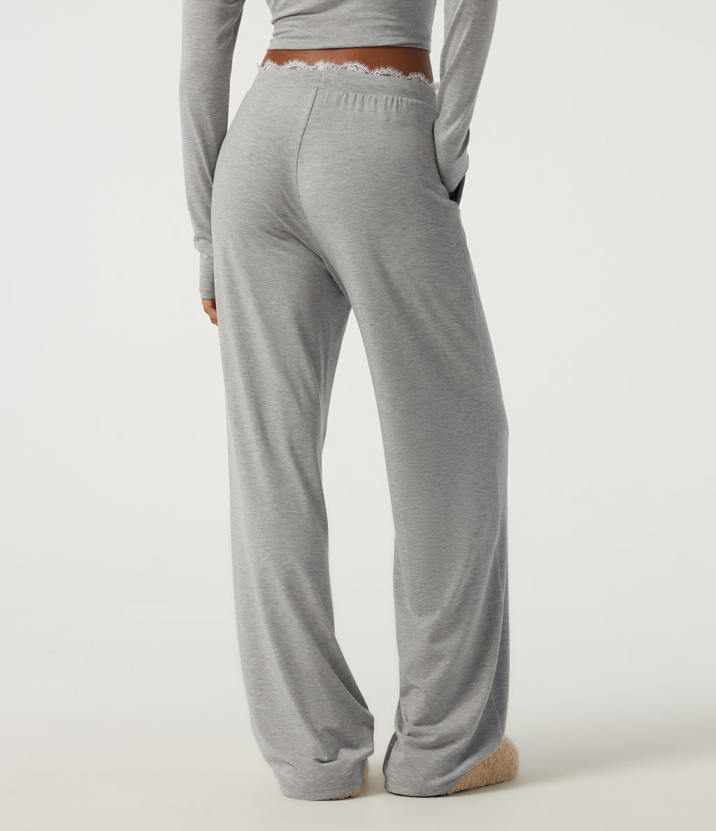 Mid Rise Wide Leg Drawstring Contrast Lace Lounge Trousers with Pockets — Fog Gray — view 2
