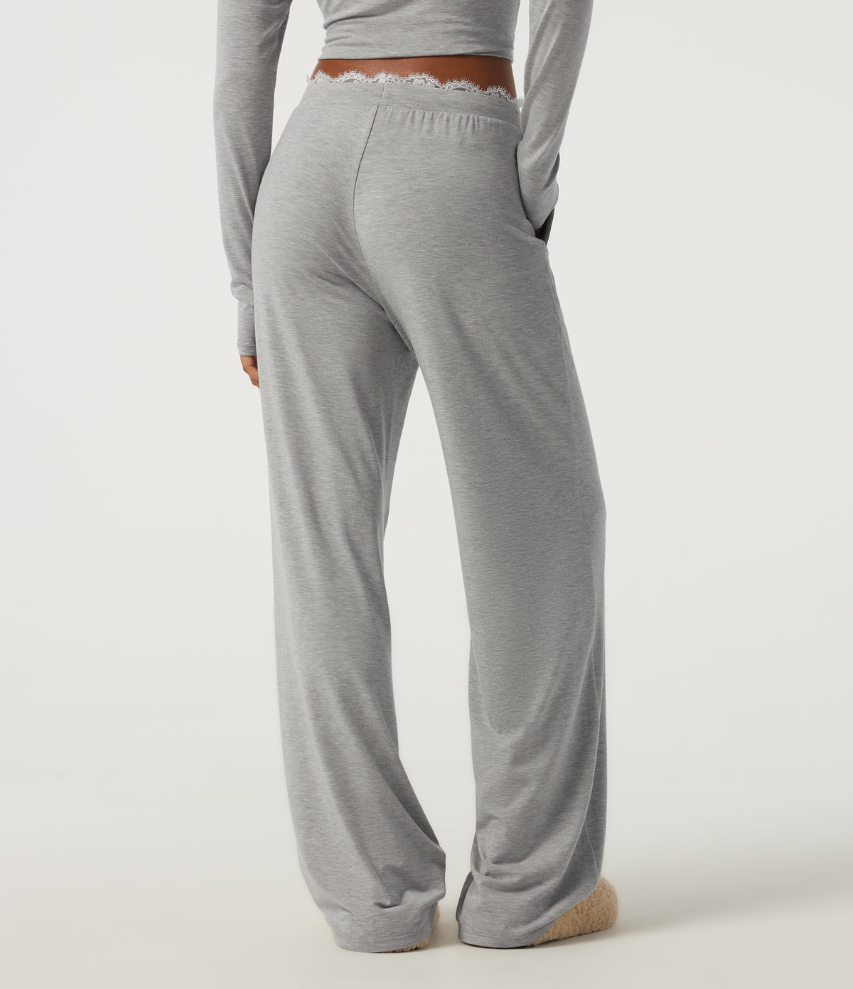 Mid Rise Wide Leg Drawstring Contrast Lace Lounge Trousers with Pockets — Fog Gray — view 2