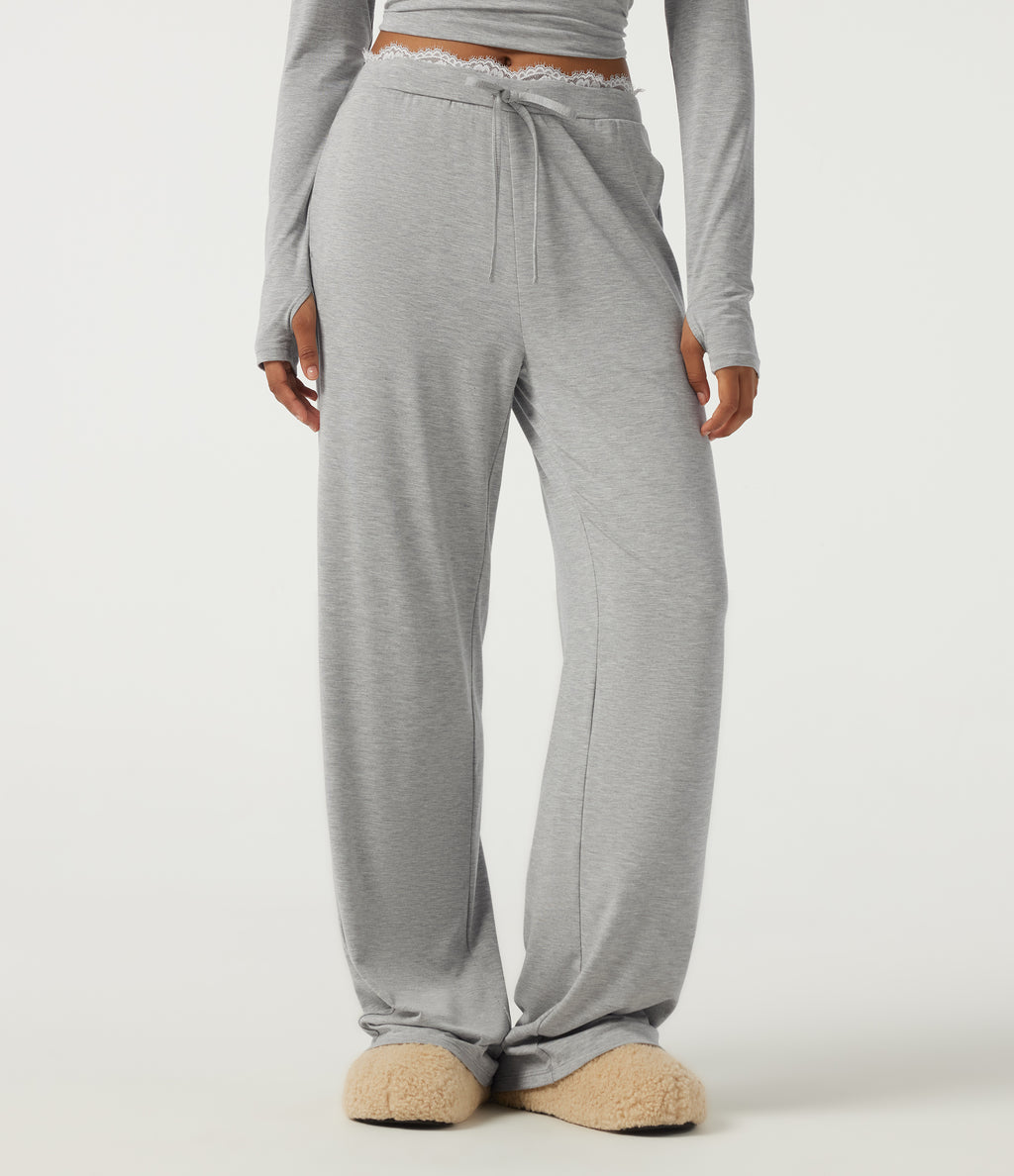 Mid Rise Wide Leg Drawstring Contrast Lace Lounge Trousers with Pockets — Fog Gray — view 1