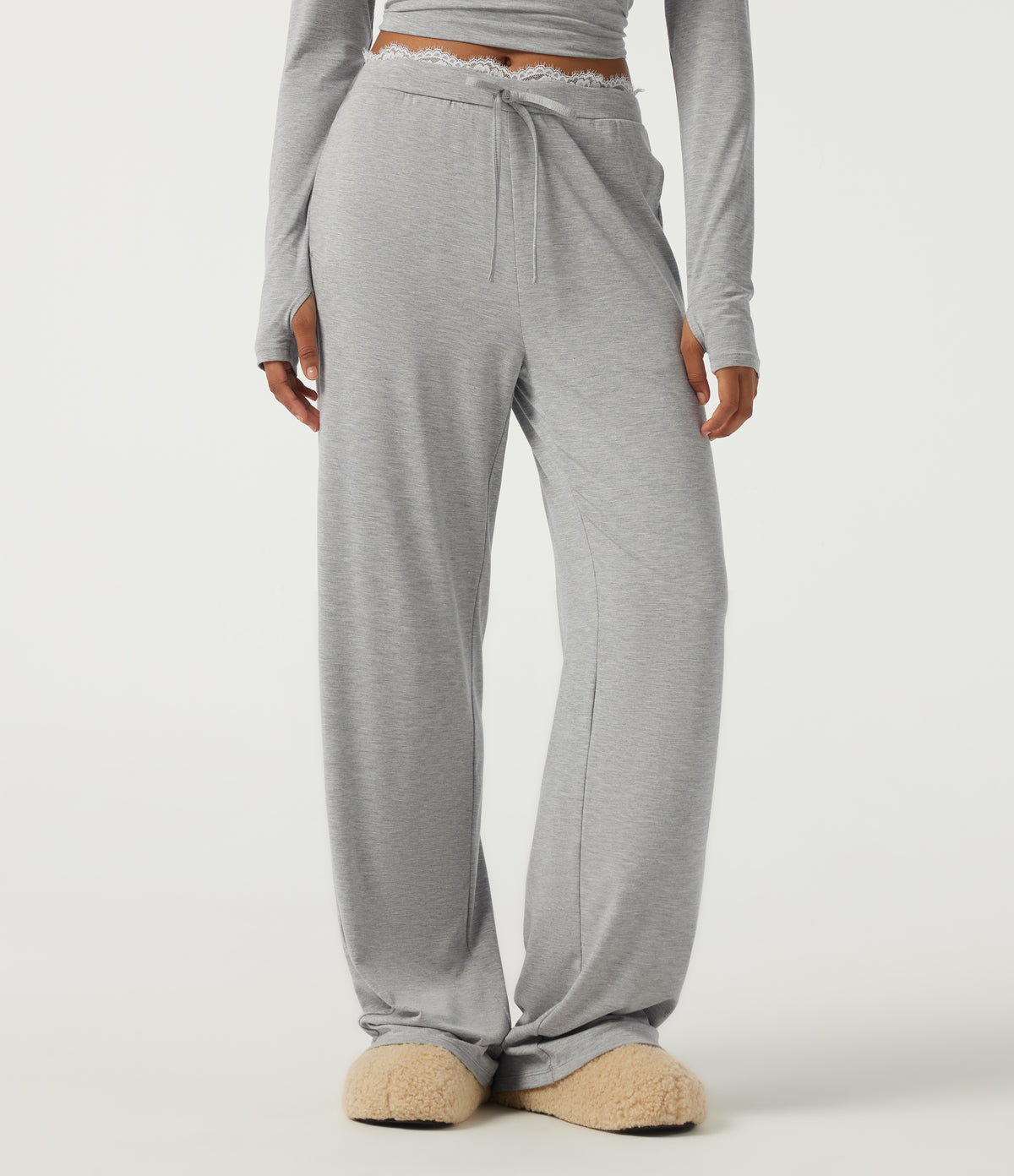 Mid Rise Wide Leg Drawstring Contrast Lace Lounge Trousers with Pockets — Fog Gray — view 1