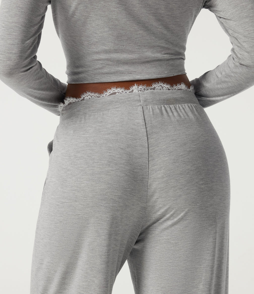 Mid Rise Wide Leg Drawstring Contrast Lace Lounge Trousers with Pockets — Fog Gray — view 4