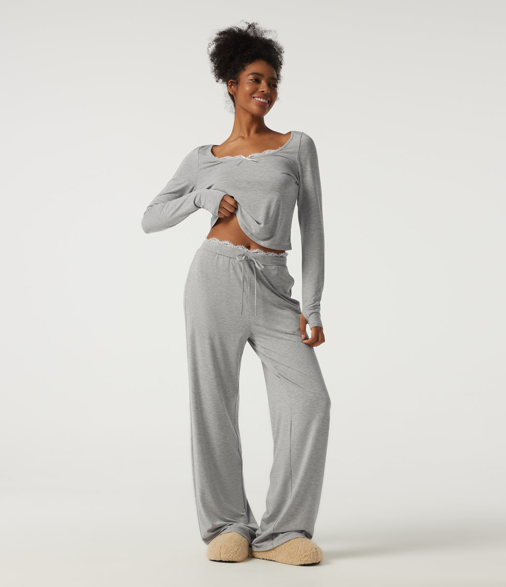 Mid Rise Wide Leg Drawstring Contrast Lace Lounge Trousers with Pockets — Fog Gray — view 7