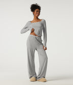 Mid Rise Wide Leg Drawstring Contrast Lace Lounge Trousers with Pockets — Fog Gray — view 7