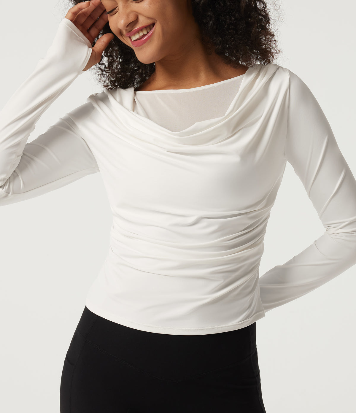 Boat Neck Long Sleeve Ruched Contrast Mesh Yoga Sports Top with Built-in Bra and Thumb Holes — White — view 7