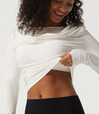 Boat Neck Long Sleeve Ruched Contrast Mesh Yoga Sports Top with Built-in Bra and Thumb Holes — White — view 5