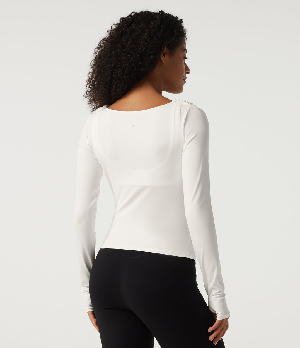 Boat Neck Long Sleeve Ruched Contrast Mesh Yoga Sports Top with Built-in Bra and Thumb Holes — White — view 2
