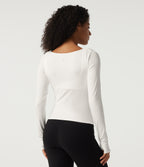 Boat Neck Long Sleeve Ruched Contrast Mesh Yoga Sports Top with Built-in Bra and Thumb Holes — White — view 2