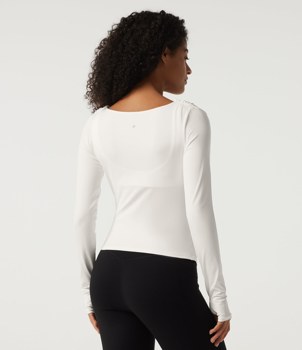 Boat Neck Long Sleeve Ruched Contrast Mesh Yoga Sports Top with Built-in Bra and Thumb Holes — White — view 2