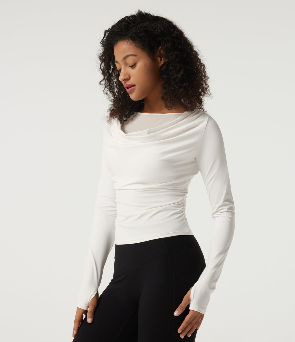Boat Neck Long Sleeve Ruched Contrast Mesh Yoga Sports Top with Built-in Bra and Thumb Holes — White — view 3
