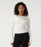 Boat Neck Long Sleeve Ruched Contrast Mesh Yoga Sports Top with Built-in Bra and Thumb Holes — White — view 4
