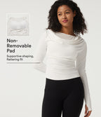 Boat Neck Long Sleeve Ruched Contrast Mesh Yoga Sports Top with Built-in Bra and Thumb Holes — White — view 1