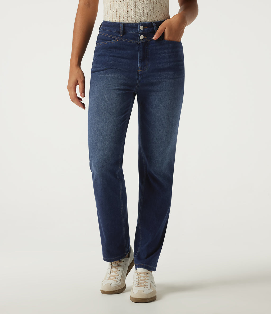 High Waisted Straight Leg Casual Jeans with Pockets — Estate Blue Denim — view 3