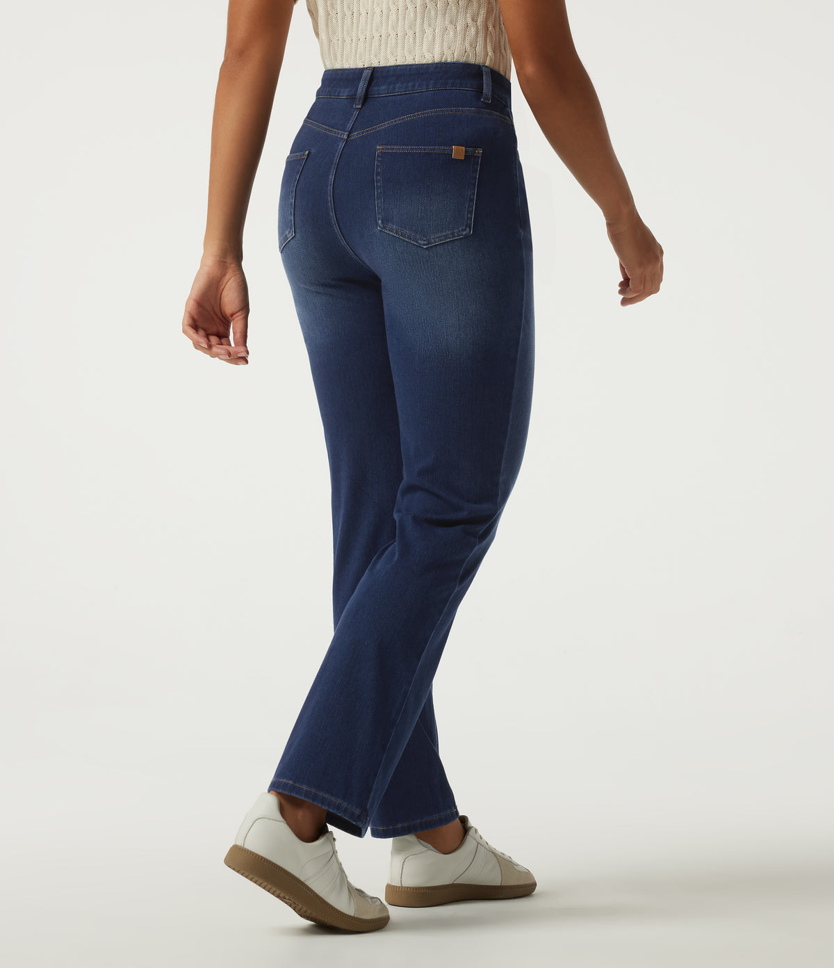 High Waisted Straight Leg Casual Jeans with Pockets — Estate Blue Denim — view 2