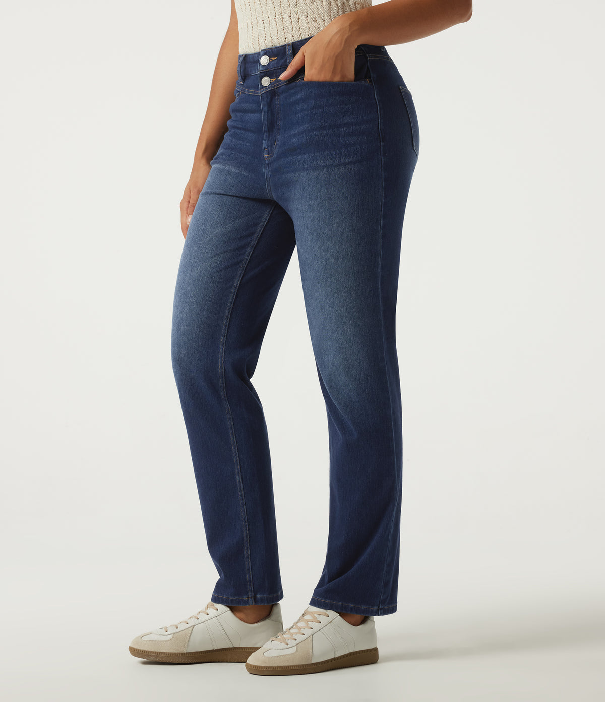 High Waisted Straight Leg Casual Jeans with Pockets — Estate Blue Denim — view 1