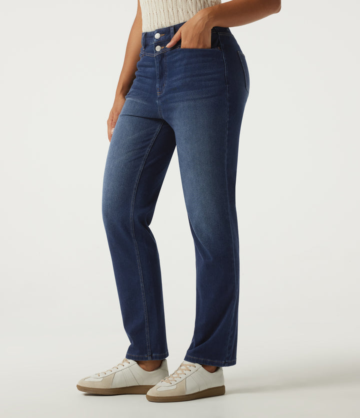 High Waisted Straight Leg Casual Jeans with Pockets — Estate Blue Denim — view 1