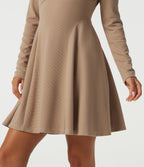 V Neck Long Sleeve A-Line Waffle Casual Mini Dress with Pockets — Light Taupe — view 5