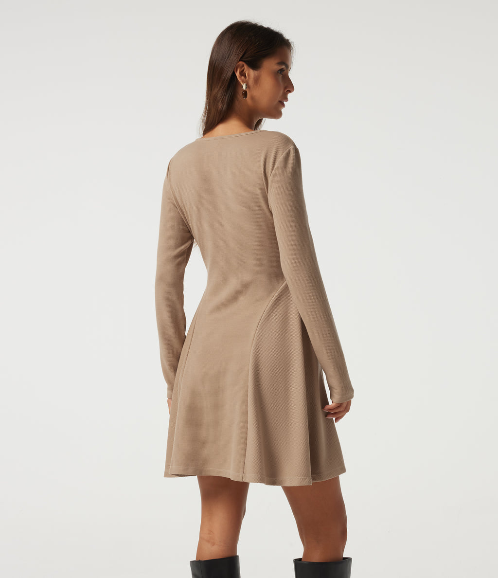 V Neck Long Sleeve A-Line Waffle Casual Mini Dress with Pockets — Light Taupe — view 2