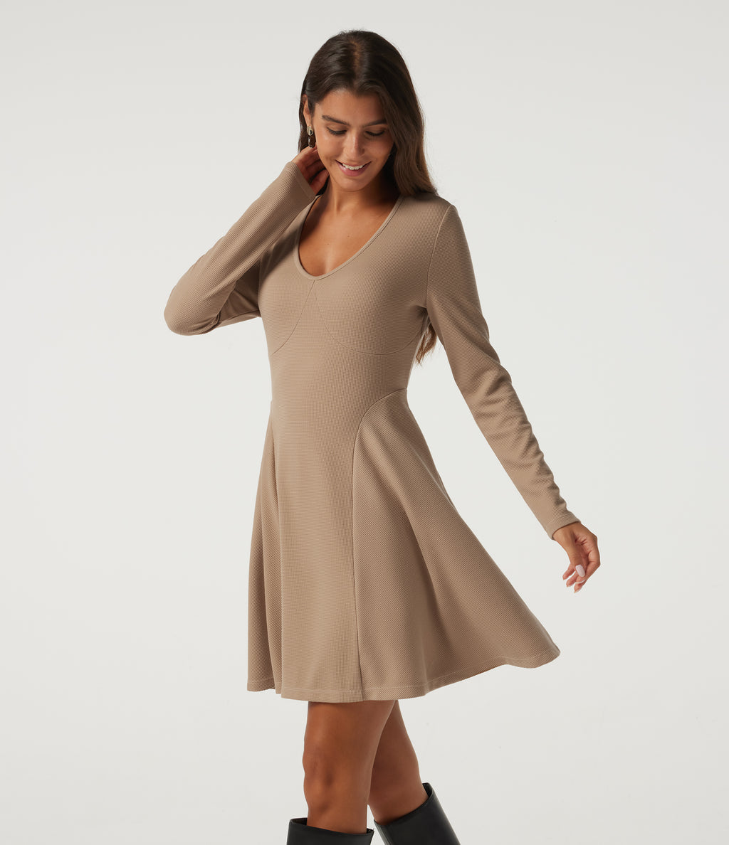 V Neck Long Sleeve A-Line Waffle Casual Mini Dress with Pockets — Light Taupe — view 3