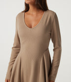 V Neck Long Sleeve A-Line Waffle Casual Mini Dress with Pockets — Light Taupe — view 4