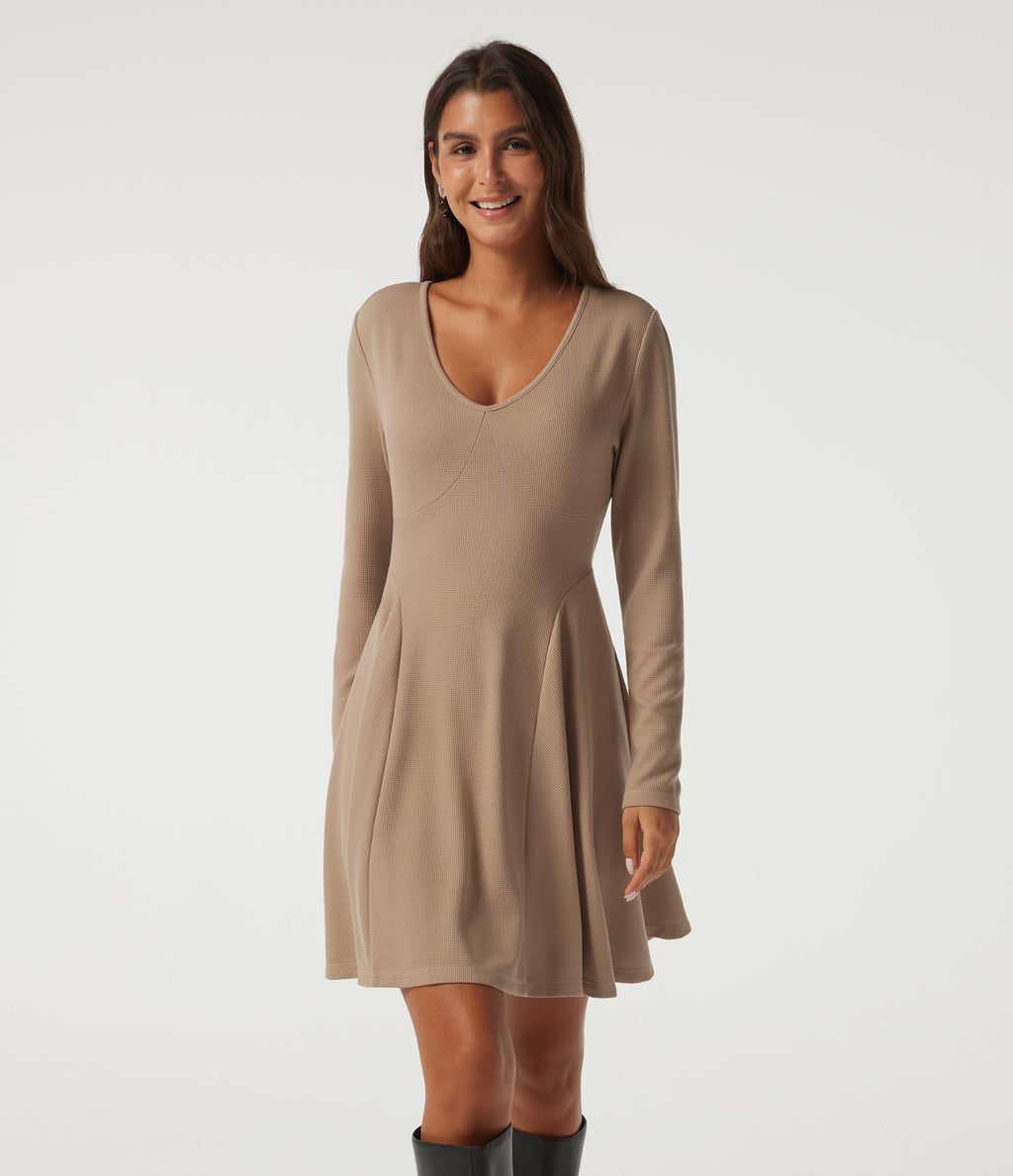 V Neck Long Sleeve A-Line Waffle Casual Mini Dress with Pockets — Light Taupe — view 1