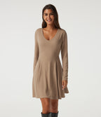 V Neck Long Sleeve A-Line Waffle Casual Mini Dress with Pockets — Light Taupe — view 1