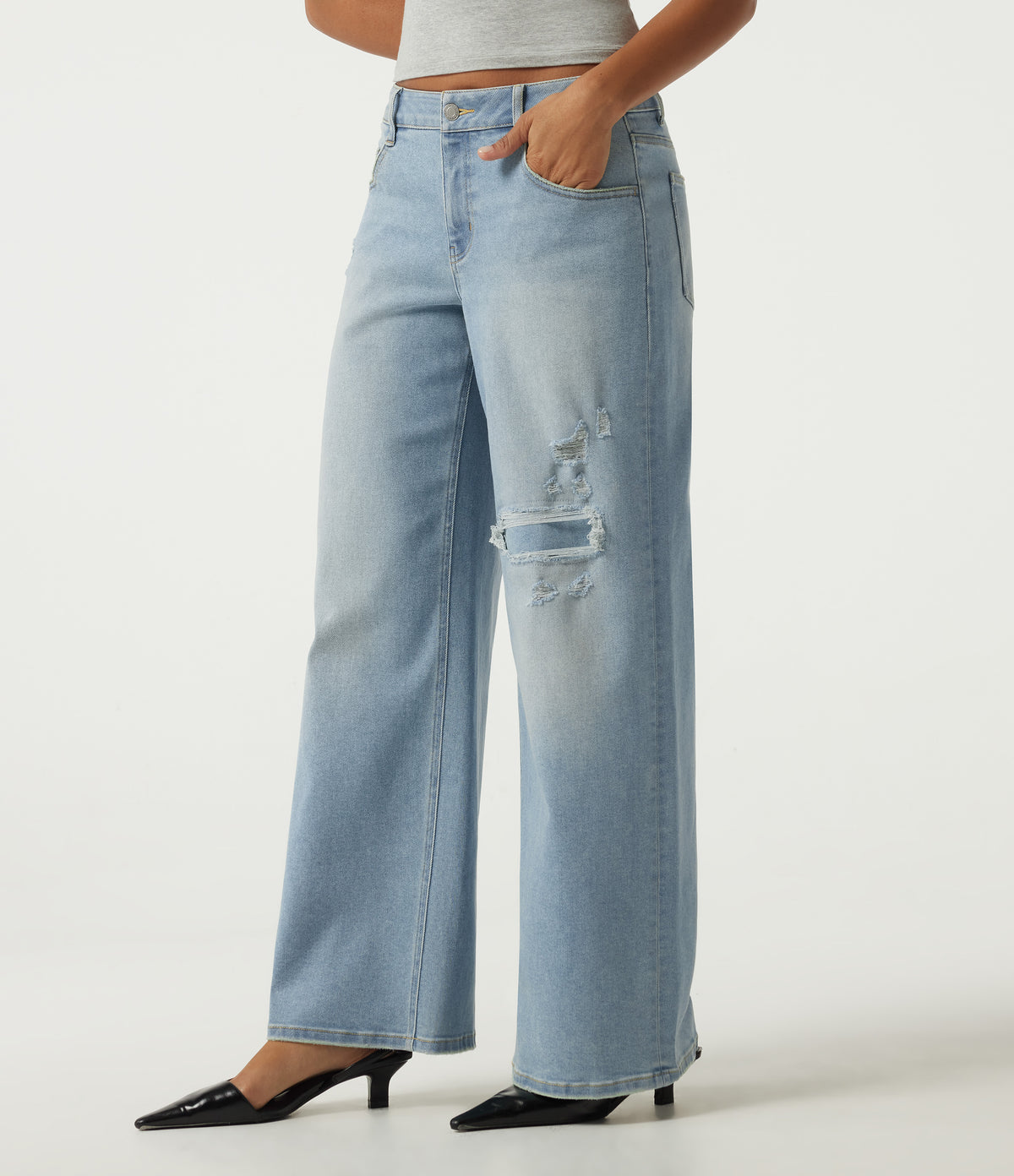 Low Rise Ripped Wide Leg Casual Jeans with Pockets — Malibu Blue Denim — view 3