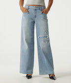 Low Rise Ripped Wide Leg Casual Jeans with Pockets — Malibu Blue Denim — view 1