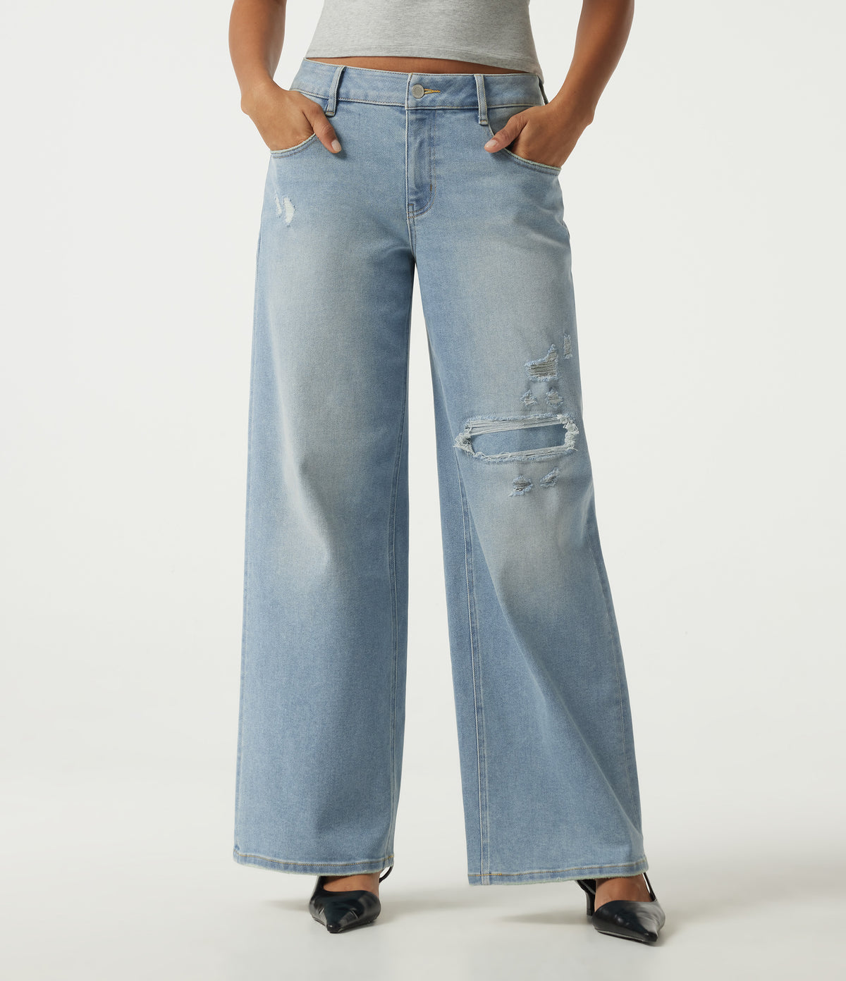 Low Rise Ripped Wide Leg Casual Jeans with Pockets — Malibu Blue Denim — view 1