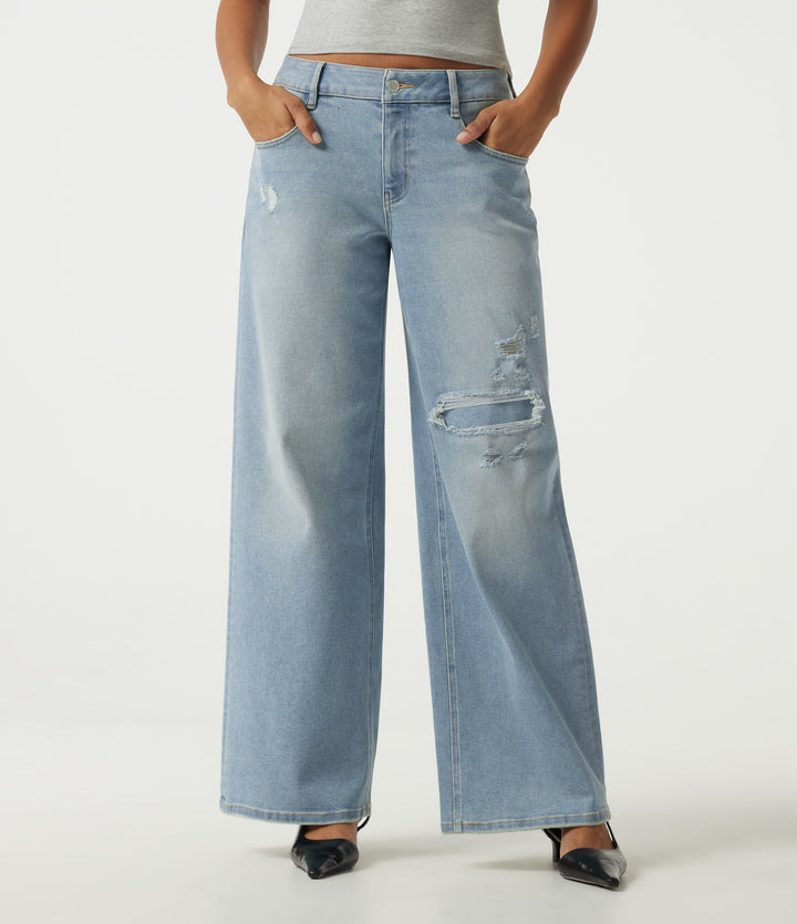 Low Rise Ripped Wide Leg Casual Jeans with Pockets — Malibu Blue Denim — view 1