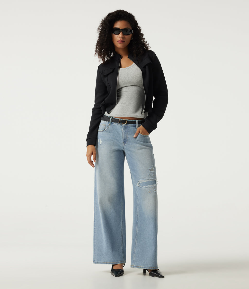 Low Rise Ripped Wide Leg Casual Jeans with Pockets — Malibu Blue Denim — view 7