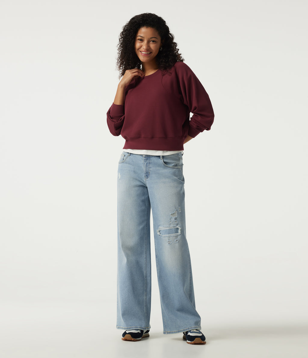 Low Rise Ripped Wide Leg Casual Jeans with Pockets — Malibu Blue Denim — view 6
