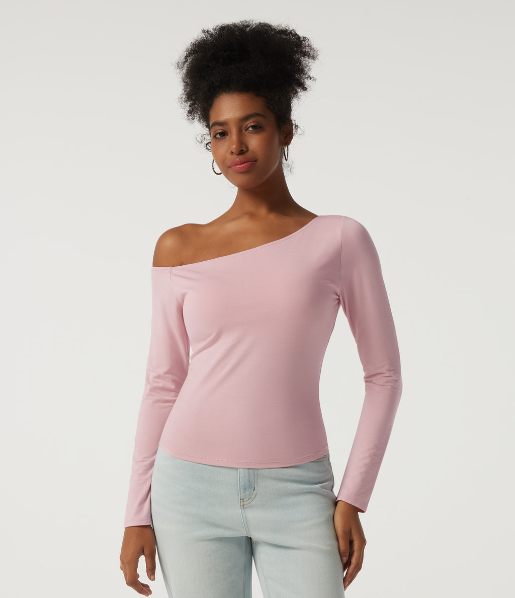 One Shoulder Long Sleeve Asymmetric Casual Top with Built-in Bra — Cloud Gray Purple — view 4