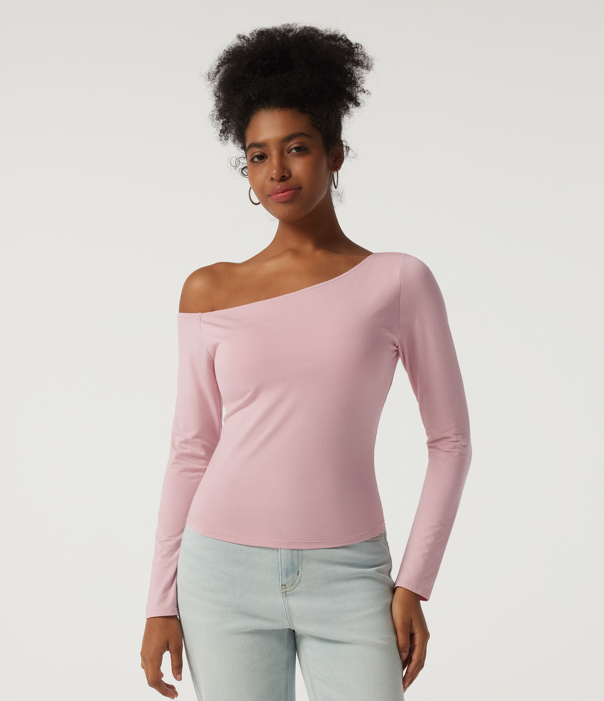 One Shoulder Long Sleeve Asymmetric Casual Top with Built-in Bra — Cloud Gray Purple — view 4