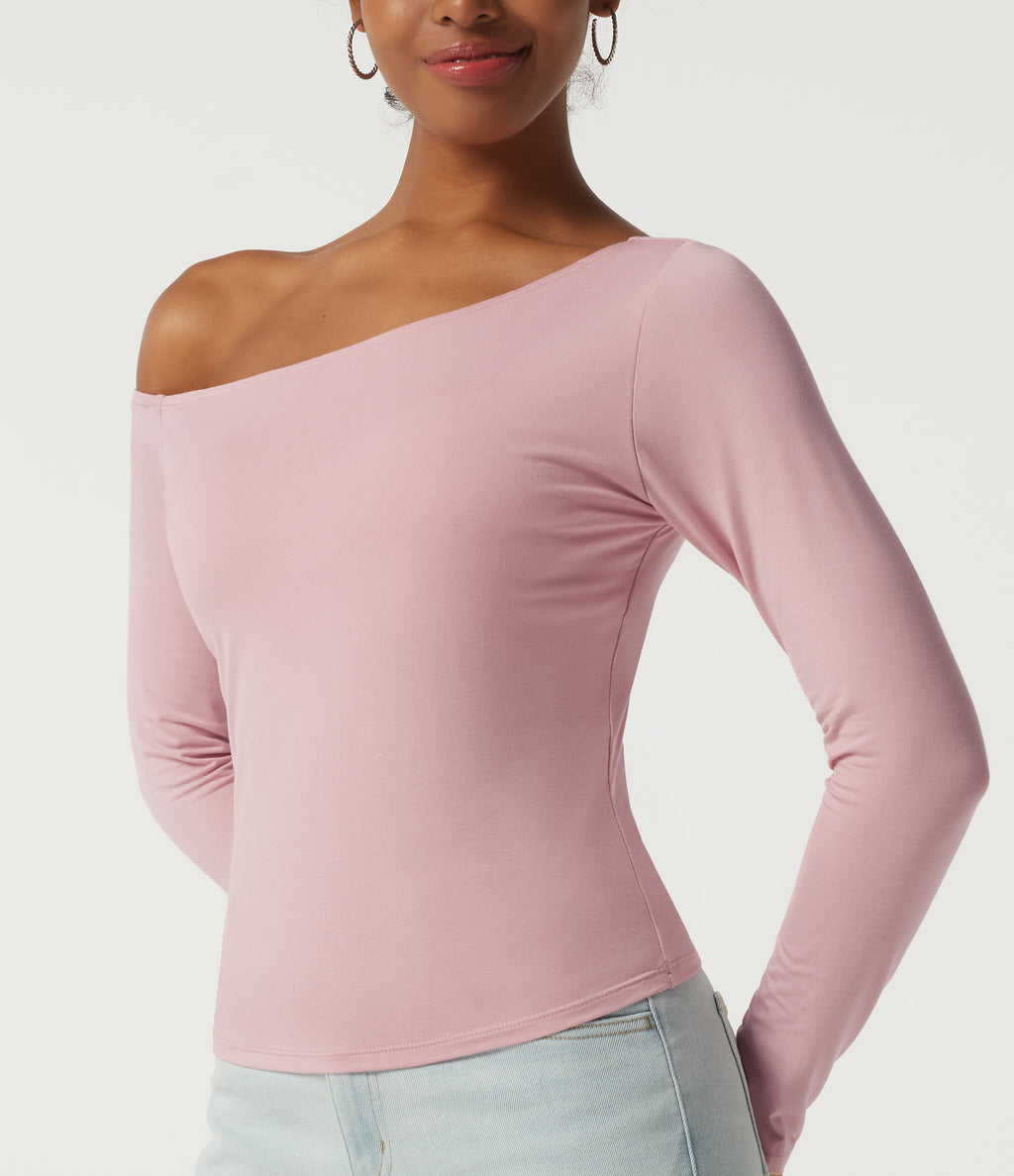 One Shoulder Long Sleeve Asymmetric Casual Top with Built-in Bra — Cloud Gray Purple — view 5