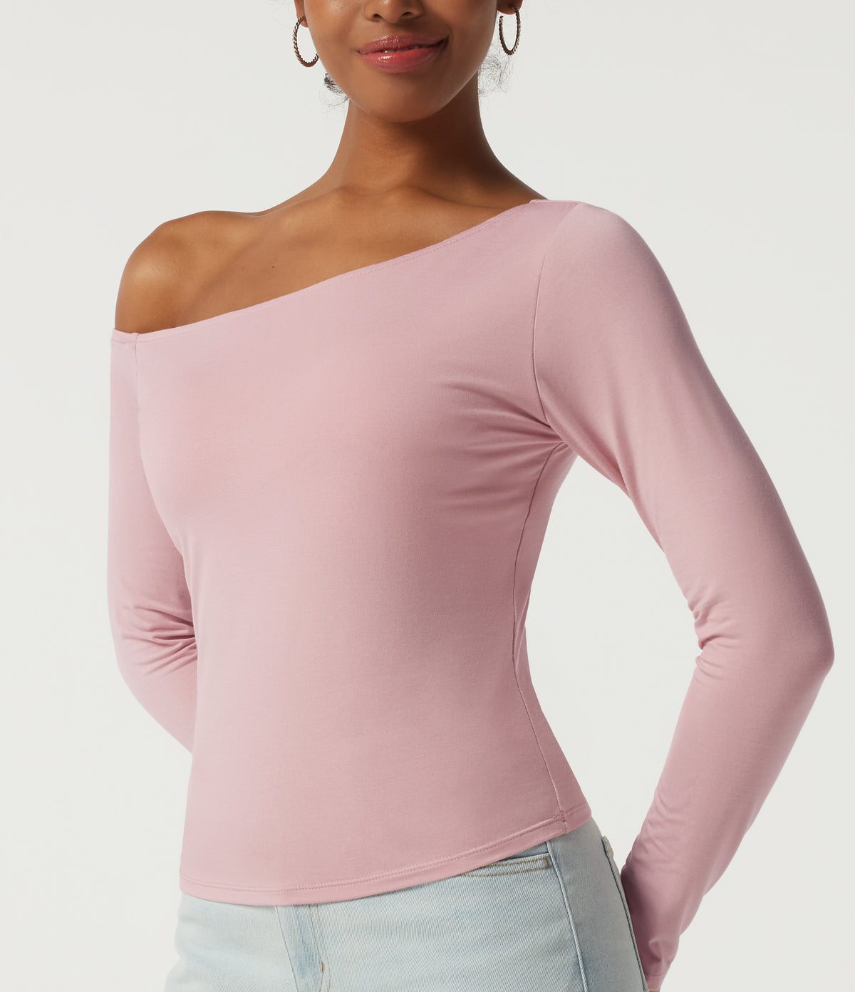 One Shoulder Long Sleeve Asymmetric Casual Top with Built-in Bra — Cloud Gray Purple — view 5