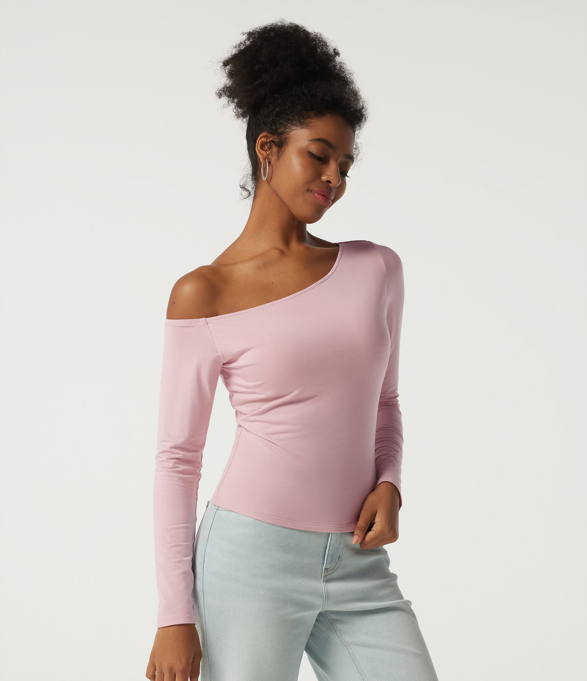 One Shoulder Long Sleeve Asymmetric Casual Top with Built-in Bra — Cloud Gray Purple — view 3