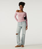 One Shoulder Long Sleeve Asymmetric Casual Top with Built-in Bra — Cloud Gray Purple — view 7