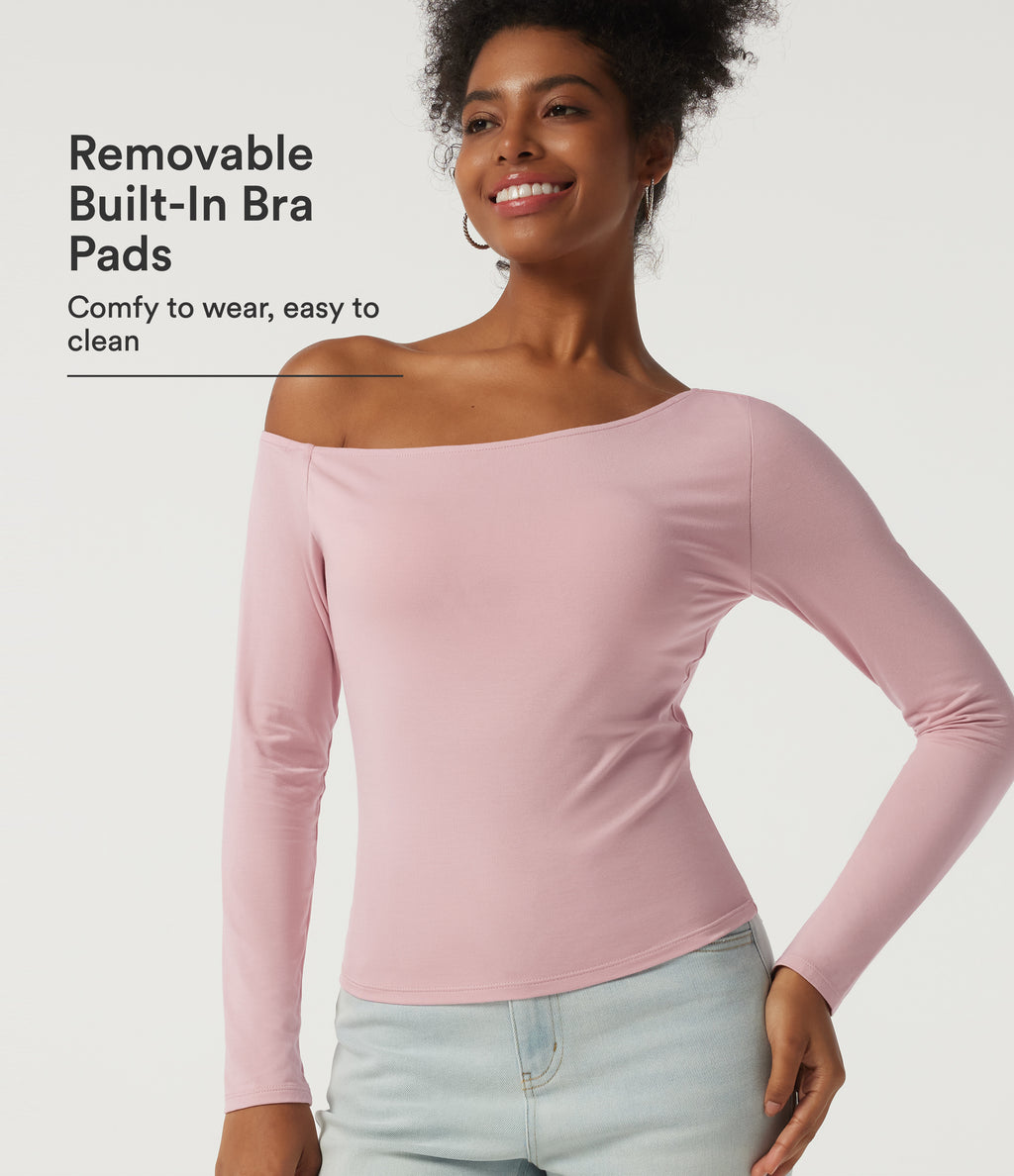 One Shoulder Long Sleeve Asymmetric Casual Top with Built-in Bra — Cloud Gray Purple — view 1