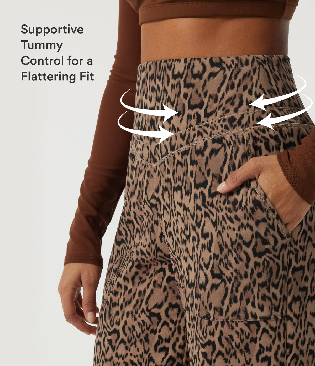Extra Heat Leopard Print High Waisted Tummy Control Straight Leg Fleece Yoga Trousers with Pockets — Tan Leopard — view 5