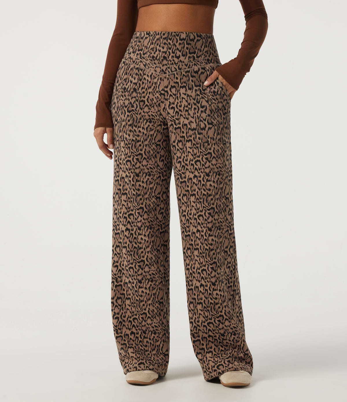 Extra Heat Leopard Print High Waisted Tummy Control Straight Leg Fleece Yoga Trousers with Pockets — Tan Leopard — view 2