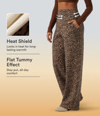 Extra Heat Leopard Print High Waisted Tummy Control Straight Leg Fleece Yoga Trousers with Pockets — Tan Leopard — view 1