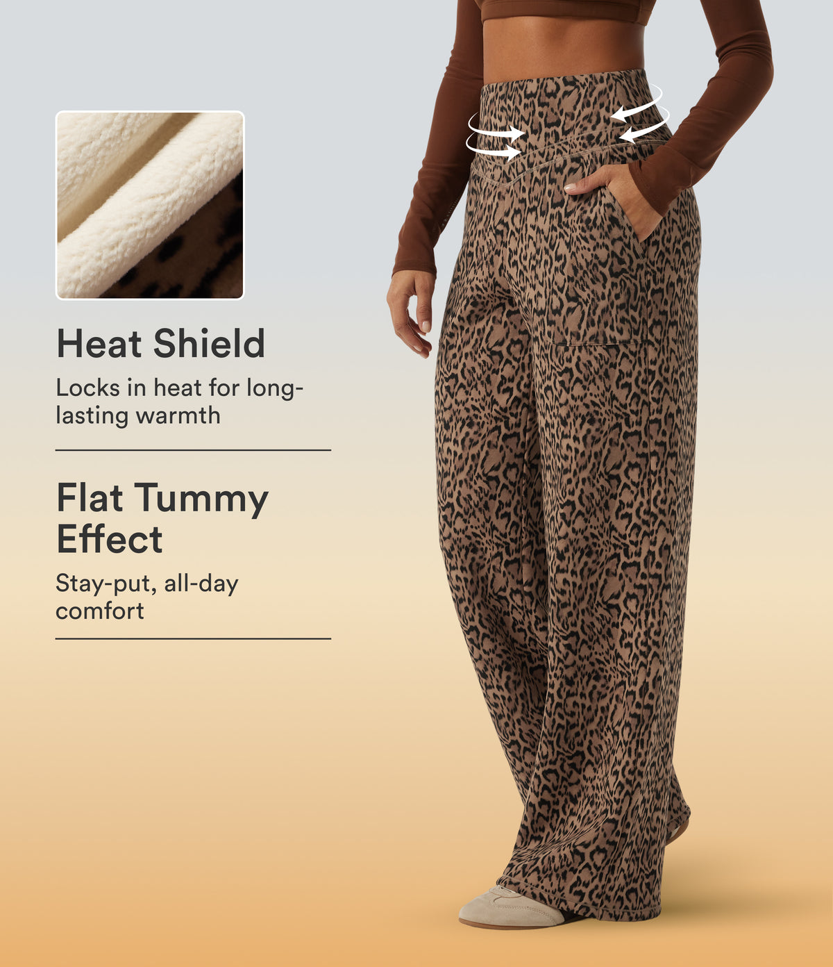 Extra Heat Leopard Print High Waisted Tummy Control Straight Leg Fleece Yoga Trousers with Pockets — Tan Leopard — view 1