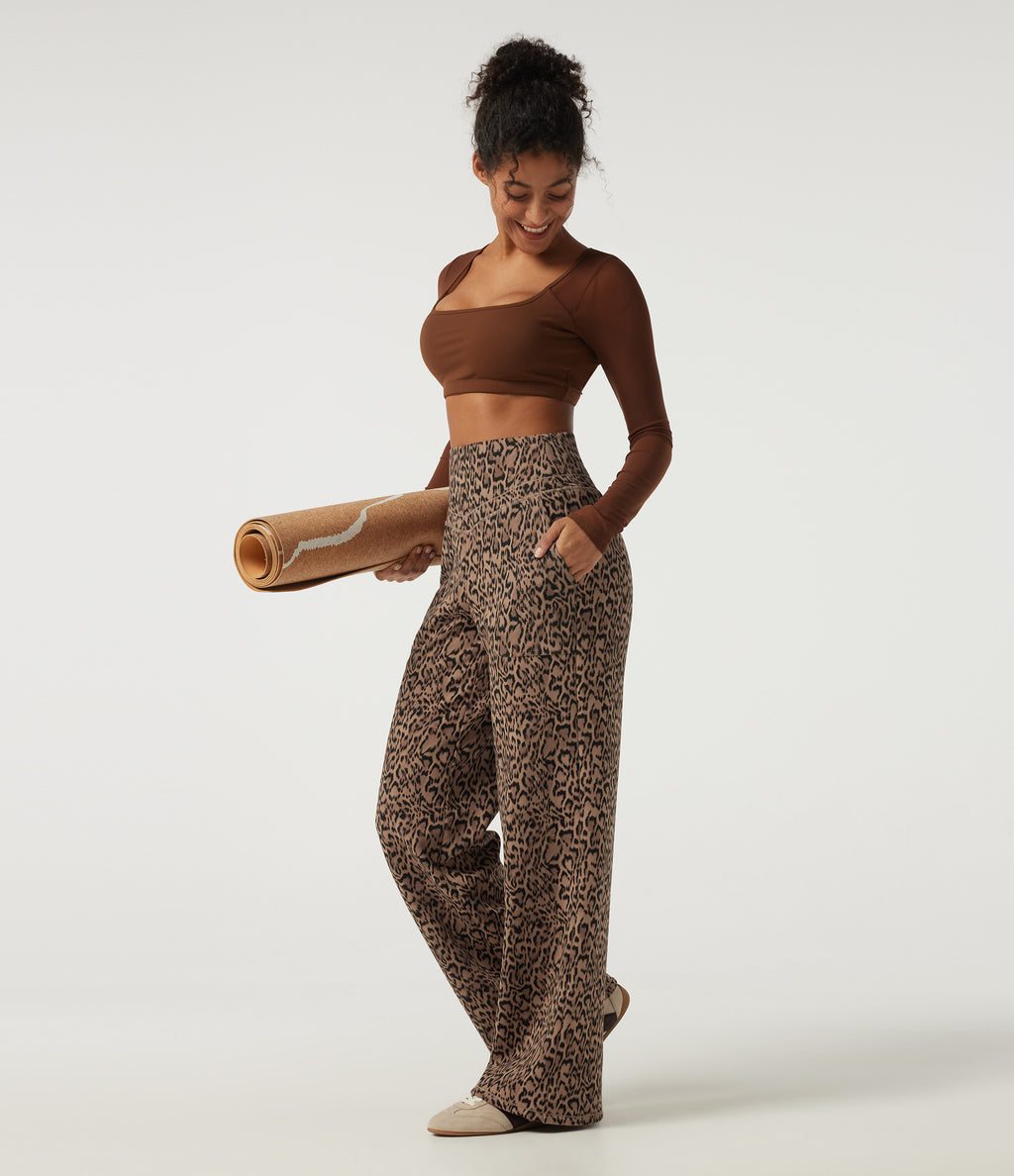 Extra Heat Leopard Print High Waisted Tummy Control Straight Leg Fleece Yoga Trousers with Pockets — Tan Leopard — view 8