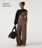 Extra Heat Leopard Print High Waisted Tummy Control Straight Leg Fleece Yoga Trousers with Pockets — Tan Leopard — view 4