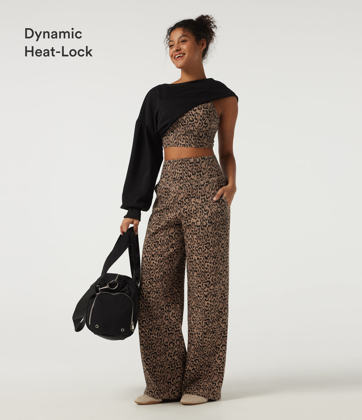 Extra Heat Leopard Print High Waisted Tummy Control Straight Leg Fleece Yoga Trousers with Pockets — Tan Leopard — view 4