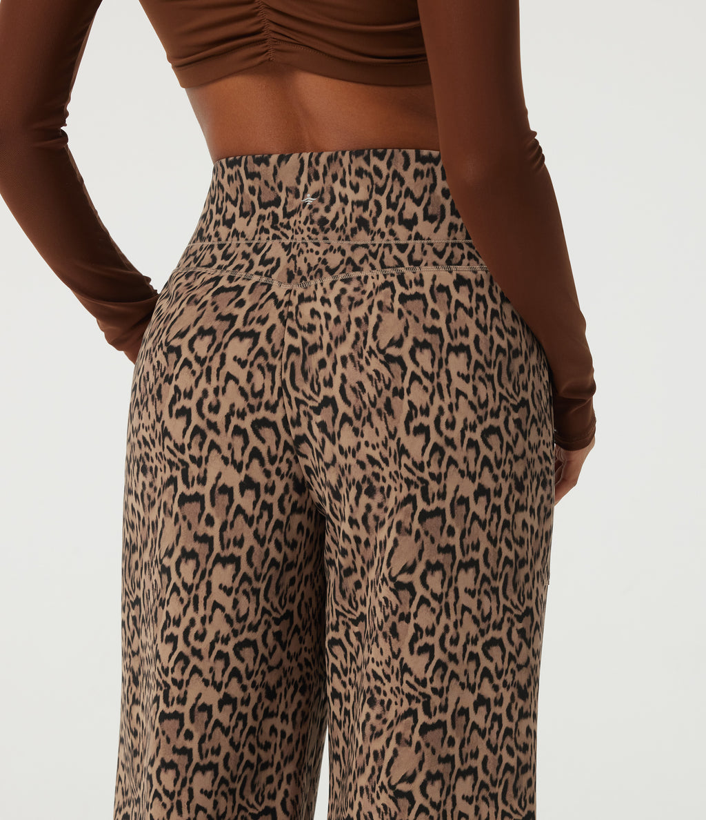 Extra Heat Leopard Print High Waisted Tummy Control Straight Leg Fleece Yoga Trousers with Pockets — Tan Leopard — view 7