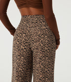 Extra Heat Leopard Print High Waisted Tummy Control Straight Leg Fleece Yoga Trousers with Pockets — Tan Leopard — view 7